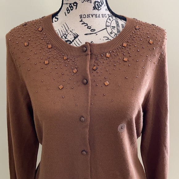 New York & Company Sweaters - NWT New York & Company Brown Beaded Cardigan SZ L